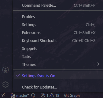 Le menu de la roue dentée propose l'option "Turn on Settings Sync"