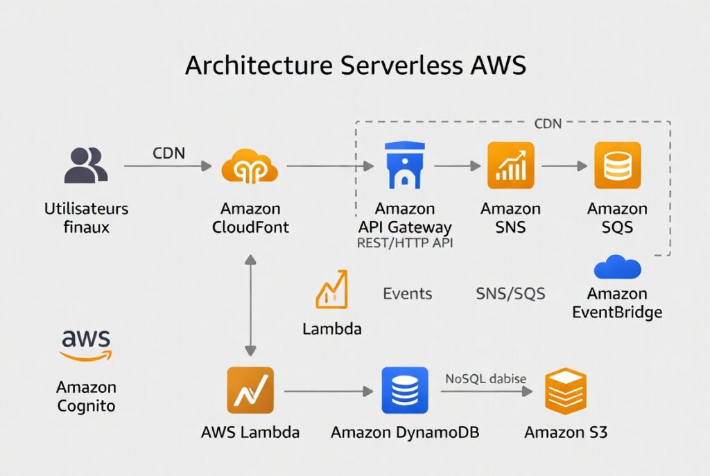 Schéma d'exemple d'une infrastructure serverless avec les services AWS